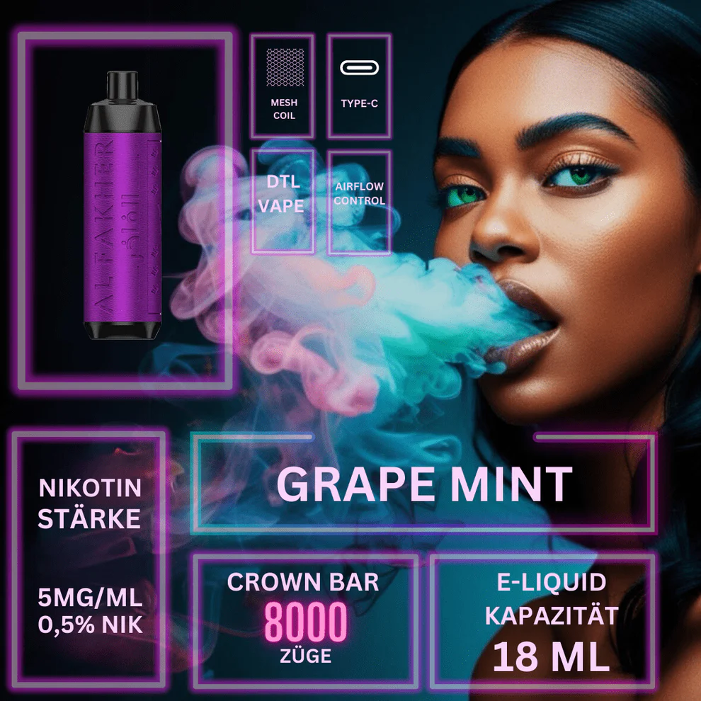 AL Fakher Crown Bar 8000 Züge Einweg E Zigarette - Grape Mint 2 AL Fakher Crown Bar 8000 Züge Einweg E Zigarette Grape Mint