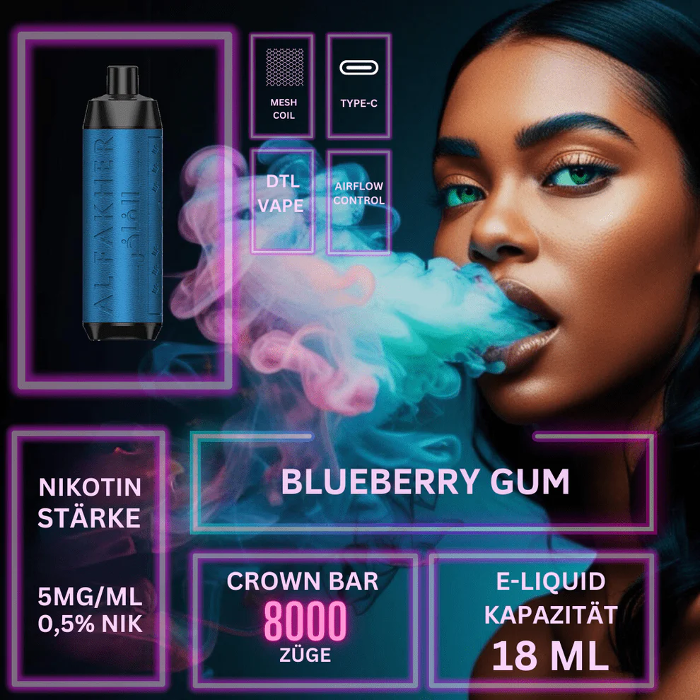 Al Fakher Vape: Einwegprodukte auf Premium-Niveau 1 8000 Blueberry Gum